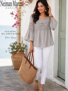 NEIMAN MARCUS Lacey Lacey Detailed long Bell Sleeved blouse Dove Grey SZ M